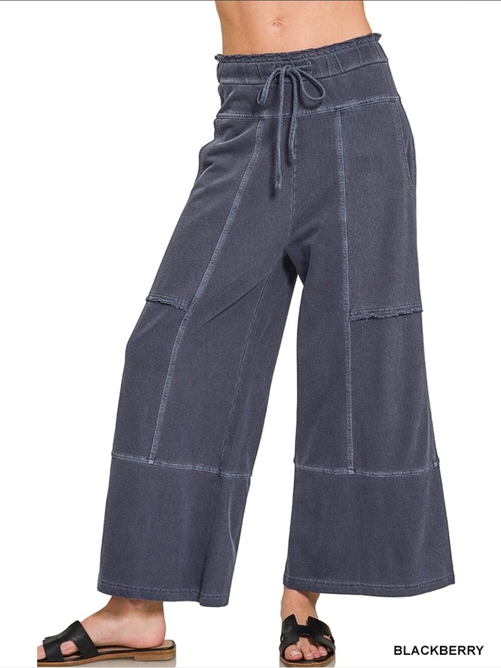 Zenana French Terry Washed Exposed-Seam Wide Leg Pants ~ Blackberry
